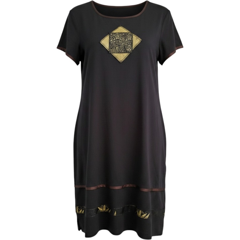 Lauren Michele Honolulu Black Linen Blend Patchwork Shift Dress Hawaii Medium